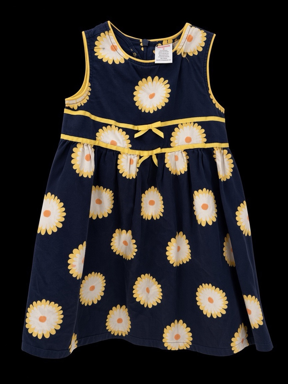 Girls Navy Daisy Print Cotton Dress with Yellow Trim